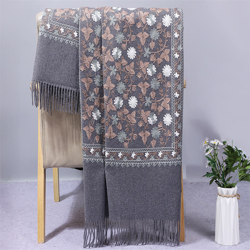 Mythstone Polyester Shawl Cashew Flowers Embroidery Tassel Winter Cozy Travel Scarf Wrap