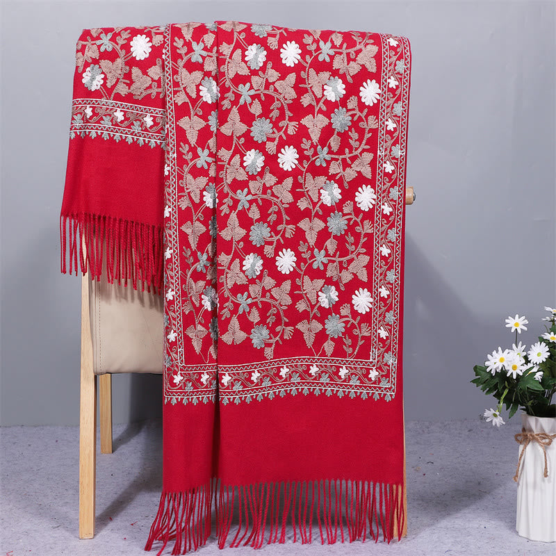 Mythstone Polyester Shawl Cashew Flowers Embroidery Tassel Winter Cozy Travel Scarf Wrap