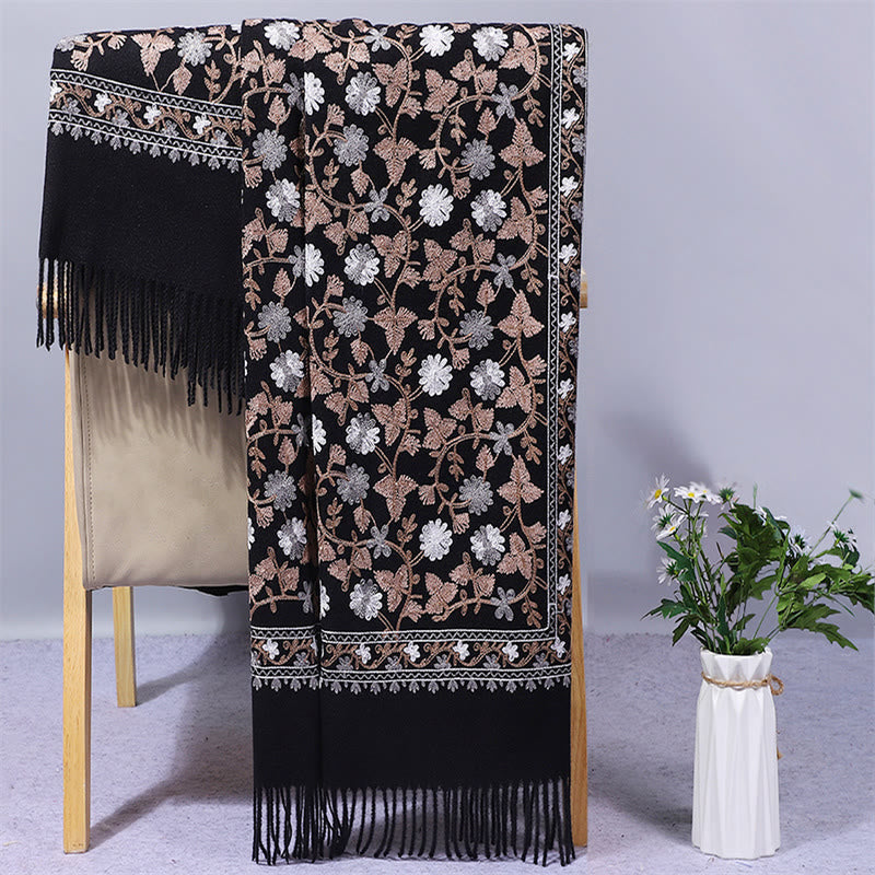 Mythstone Polyester Shawl Cashew Flowers Embroidery Tassel Winter Cozy Travel Scarf Wrap