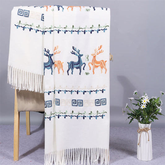 Mythstone Rayon Fabric Shawl Sika Deer Embroidery Tassel Winter Cozy Travel Scarf Wrap