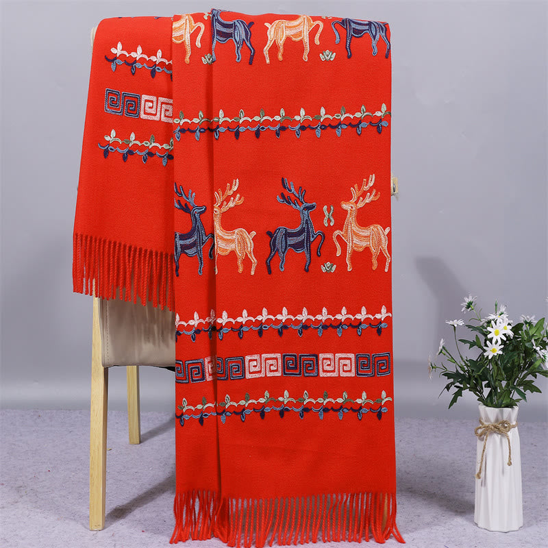 Mythstone Rayon Fabric Shawl Sika Deer Embroidery Tassel Winter Cozy Travel Scarf Wrap