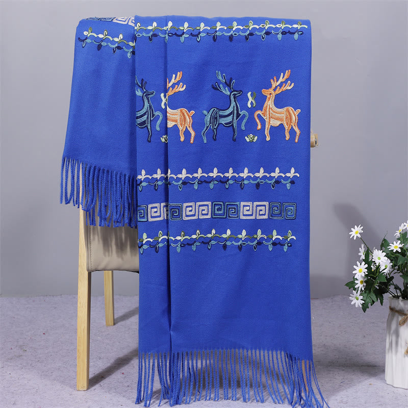 Mythstone Rayon Fabric Shawl Sika Deer Embroidery Tassel Winter Cozy Travel Scarf Wrap