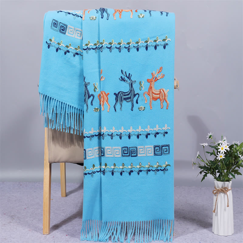 Mythstone Rayon Fabric Shawl Sika Deer Embroidery Tassel Winter Cozy Travel Scarf Wrap