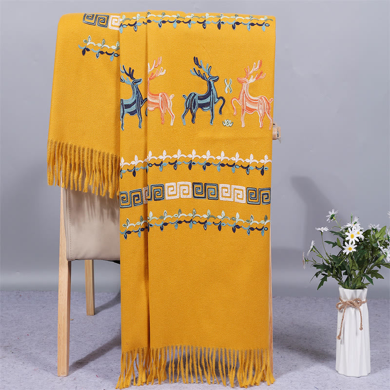 Mythstone Rayon Fabric Shawl Sika Deer Embroidery Tassel Winter Cozy Travel Scarf Wrap