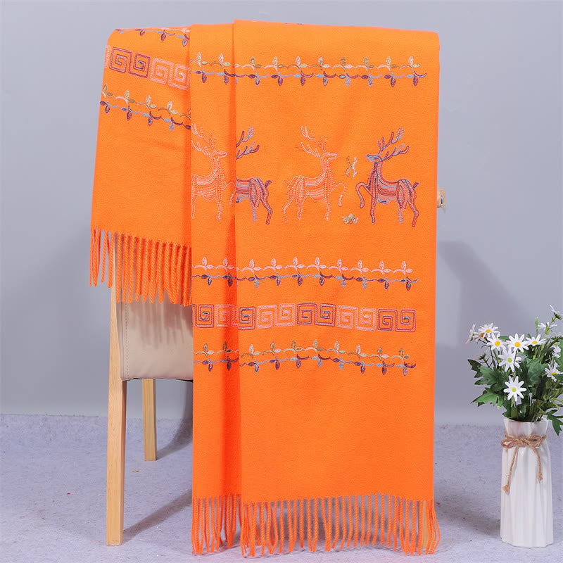 Mythstone Rayon Fabric Shawl Sika Deer Embroidery Tassel Winter Cozy Travel Scarf Wrap