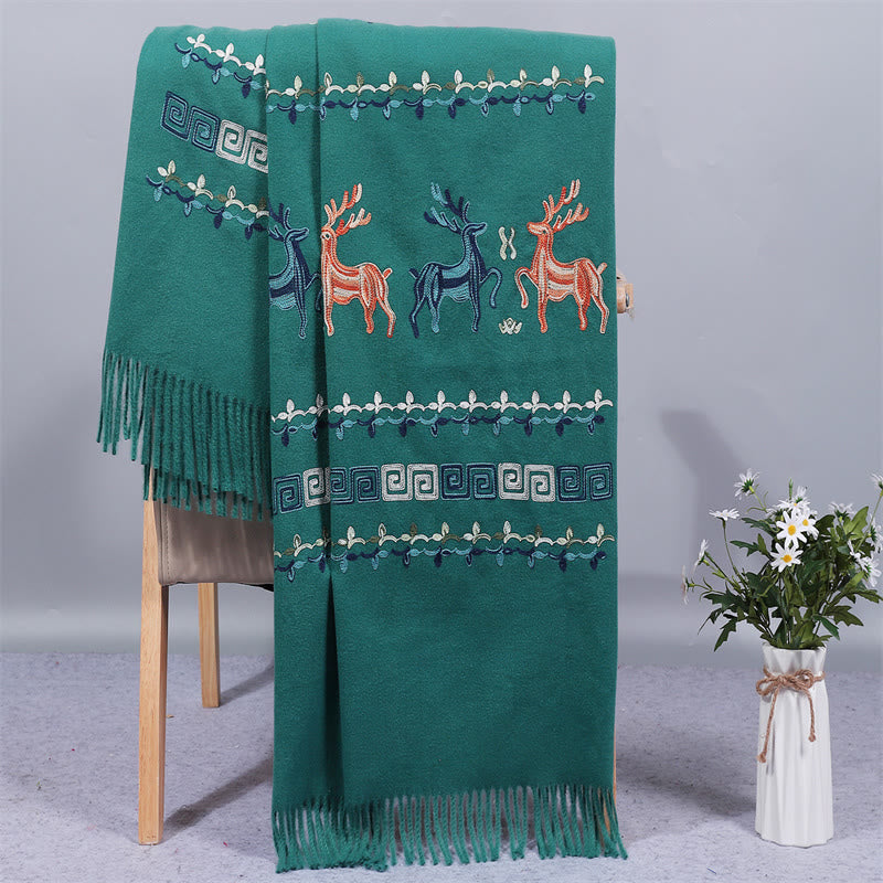 Mythstone Rayon Fabric Shawl Sika Deer Embroidery Tassel Winter Cozy Travel Scarf Wrap