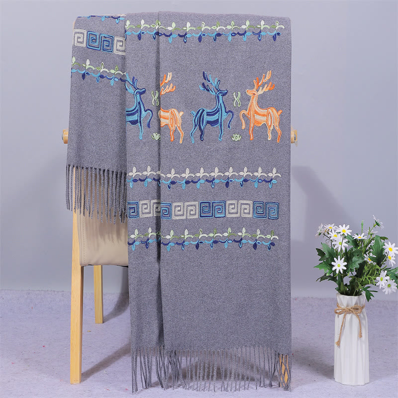 Mythstone Rayon Fabric Shawl Sika Deer Embroidery Tassel Winter Cozy Travel Scarf Wrap