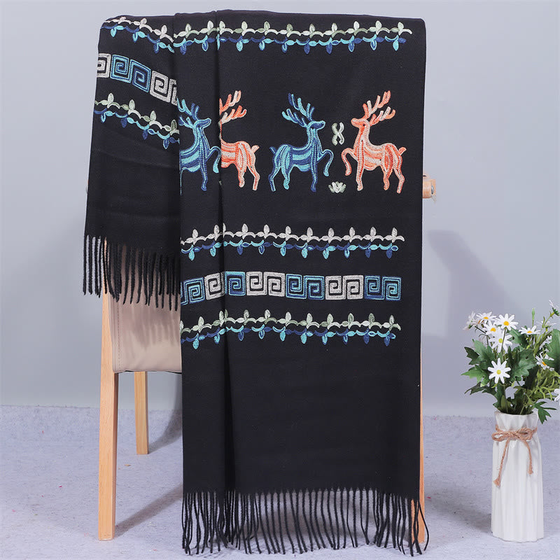 Mythstone Rayon Fabric Shawl Sika Deer Embroidery Tassel Winter Cozy Travel Scarf Wrap