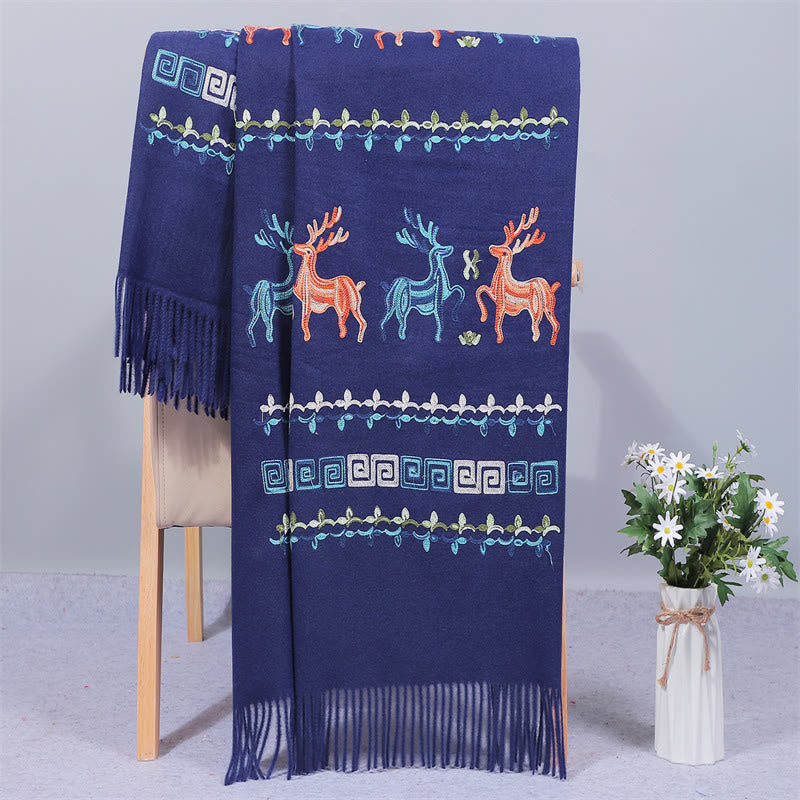 Mythstone Rayon Fabric Shawl Sika Deer Embroidery Tassel Winter Cozy Travel Scarf Wrap