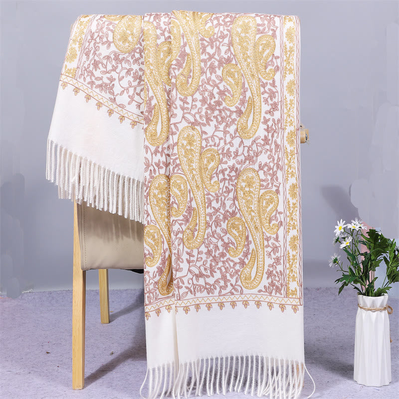 Mythstone Rayon Fabric Shawl Golden Cashew Flowers Embroidery Tassel Winter Cozy Travel Scarf Wrap