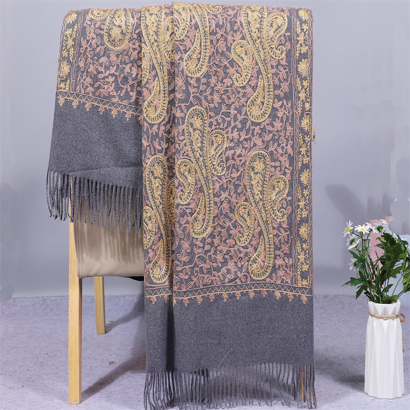 Mythstone Rayon Fabric Shawl Golden Cashew Flowers Embroidery Tassel Winter Cozy Travel Scarf Wrap