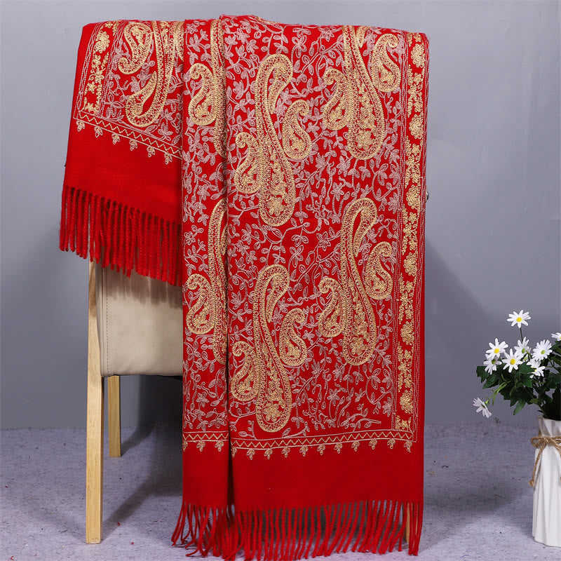 Mythstone Rayon Fabric Shawl Golden Cashew Flowers Embroidery Tassel Winter Cozy Travel Scarf Wrap