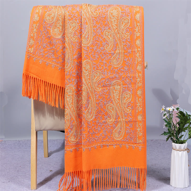 Mythstone Rayon Fabric Shawl Golden Cashew Flowers Embroidery Tassel Winter Cozy Travel Scarf Wrap