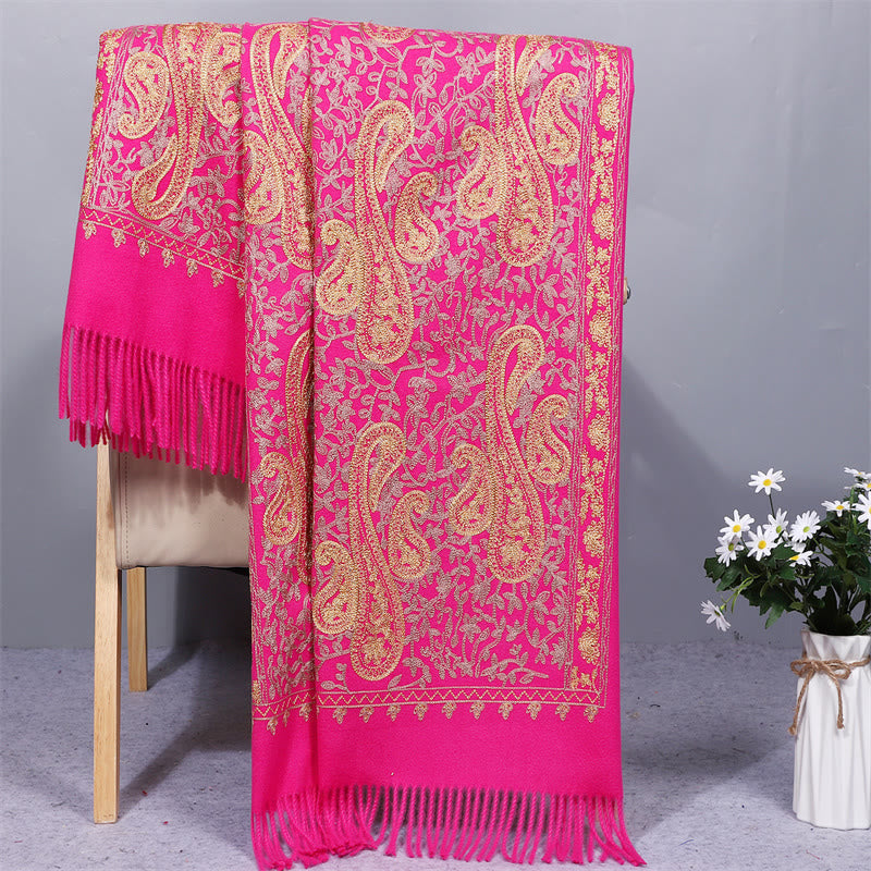 Mythstone Rayon Fabric Shawl Golden Cashew Flowers Embroidery Tassel Winter Cozy Travel Scarf Wrap