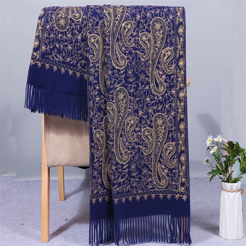 Mythstone Rayon Fabric Shawl Golden Cashew Flowers Embroidery Tassel Winter Cozy Travel Scarf Wrap