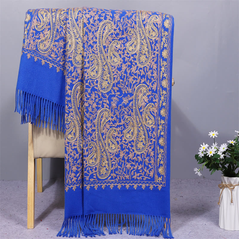 Mythstone Rayon Fabric Shawl Golden Cashew Flowers Embroidery Tassel Winter Cozy Travel Scarf Wrap