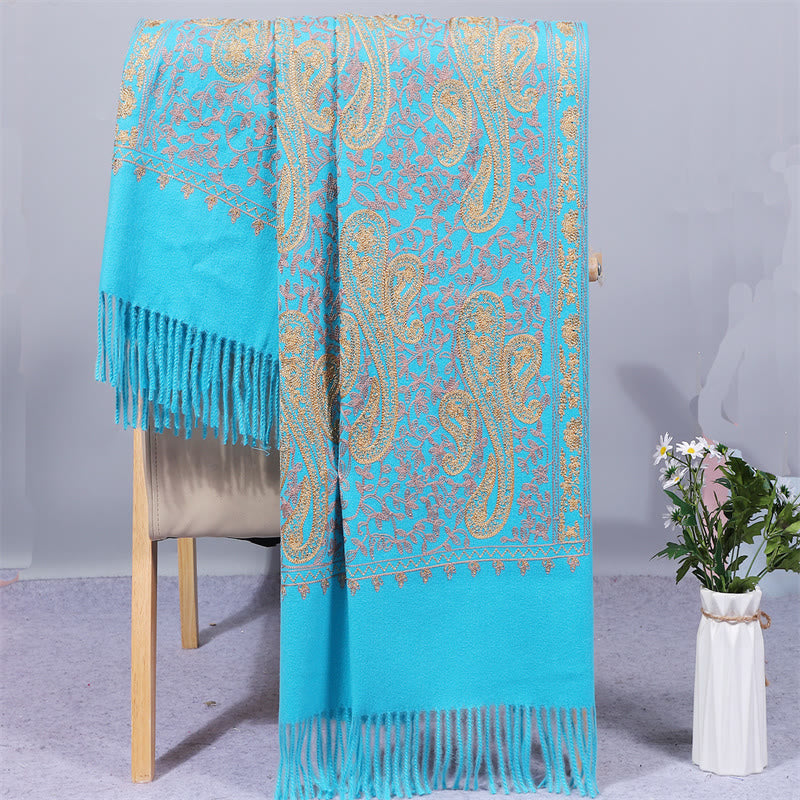 Mythstone Rayon Fabric Shawl Golden Cashew Flowers Embroidery Tassel Winter Cozy Travel Scarf Wrap