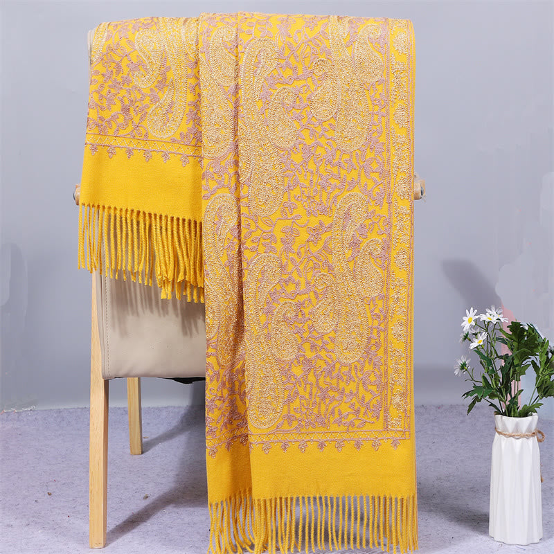 Mythstone Rayon Fabric Shawl Golden Cashew Flowers Embroidery Tassel Winter Cozy Travel Scarf Wrap