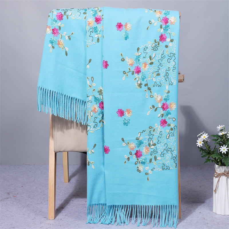 Mythstone Rayon Fabric Shawl Colorful Small Flowers Embroidery Tassel Winter Cozy Travel Scarf Wrap