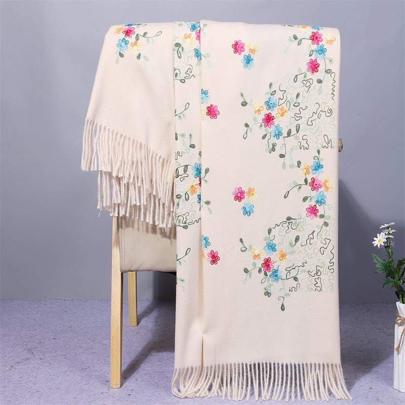 Mythstone Rayon Fabric Shawl Colorful Small Flowers Embroidery Tassel Winter Cozy Travel Scarf Wrap