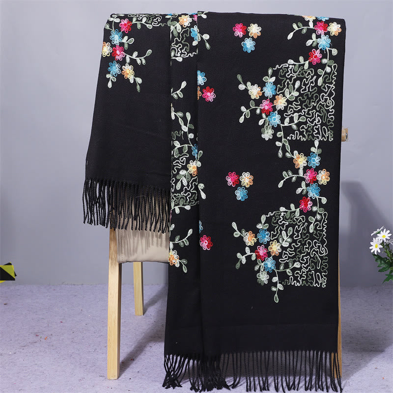 Mythstone Rayon Fabric Shawl Colorful Small Flowers Embroidery Tassel Winter Cozy Travel Scarf Wrap