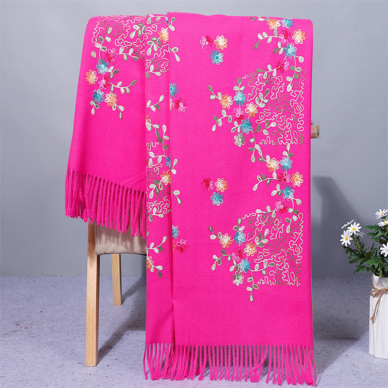 Mythstone Rayon Fabric Shawl Colorful Small Flowers Embroidery Tassel Winter Cozy Travel Scarf Wrap