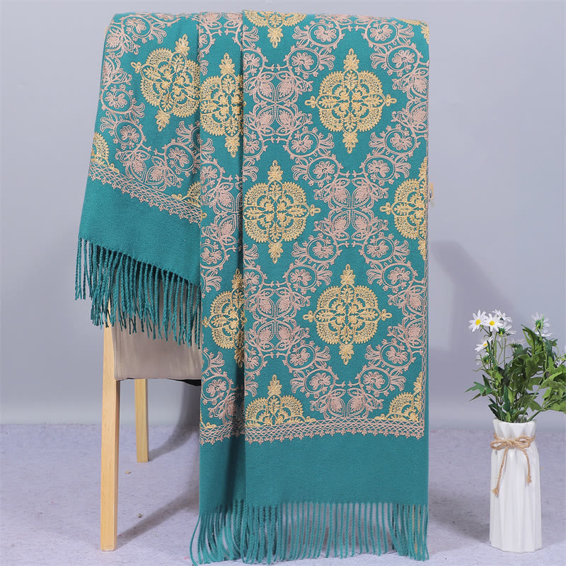 Mythstone Polyester Shawl Symmetry Gold Filigree Embroidery Tassel Winter Cozy Travel Scarf Wrap