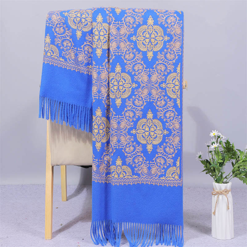 Mythstone Polyester Shawl Symmetry Gold Filigree Embroidery Tassel Winter Cozy Travel Scarf Wrap