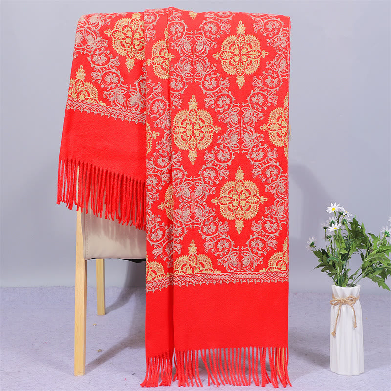 Mythstone Polyester Shawl Symmetry Gold Filigree Embroidery Tassel Winter Cozy Travel Scarf Wrap