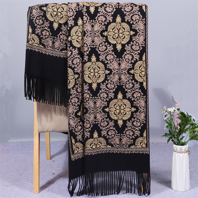 Mythstone Polyester Shawl Symmetry Gold Filigree Embroidery Tassel Winter Cozy Travel Scarf Wrap