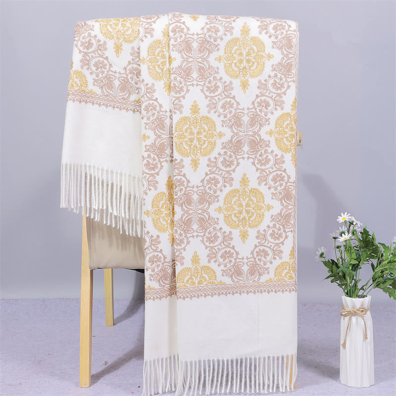 Mythstone Polyester Shawl Symmetry Gold Filigree Embroidery Tassel Winter Cozy Travel Scarf Wrap