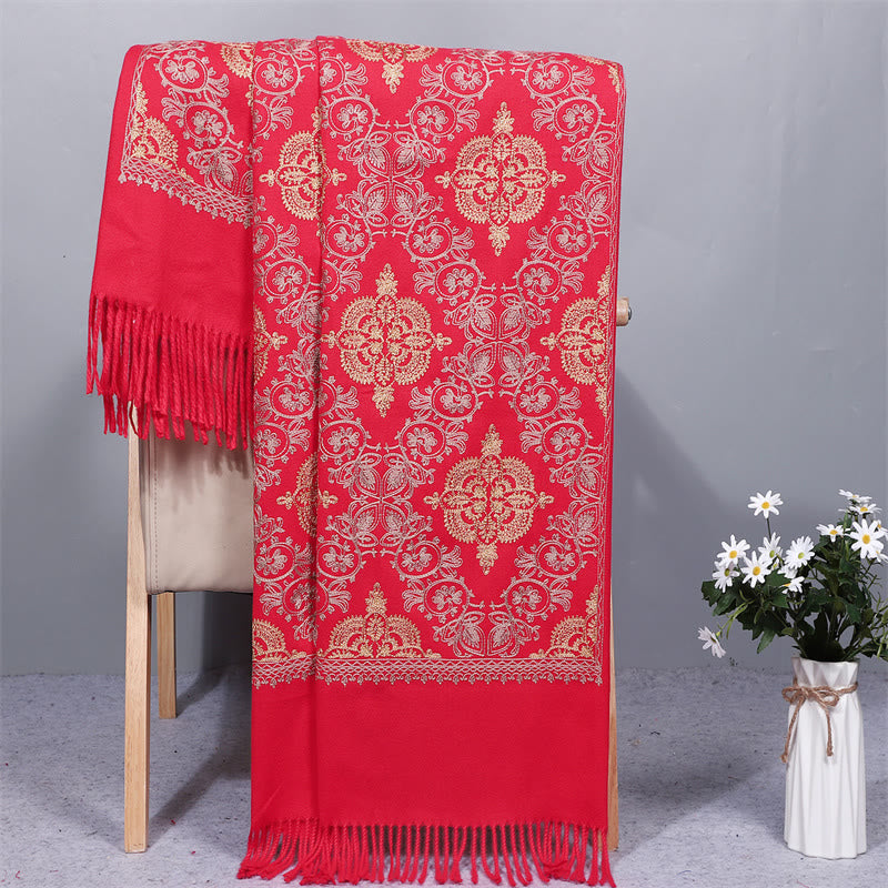 Mythstone Polyester Shawl Symmetry Gold Filigree Embroidery Tassel Winter Cozy Travel Scarf Wrap