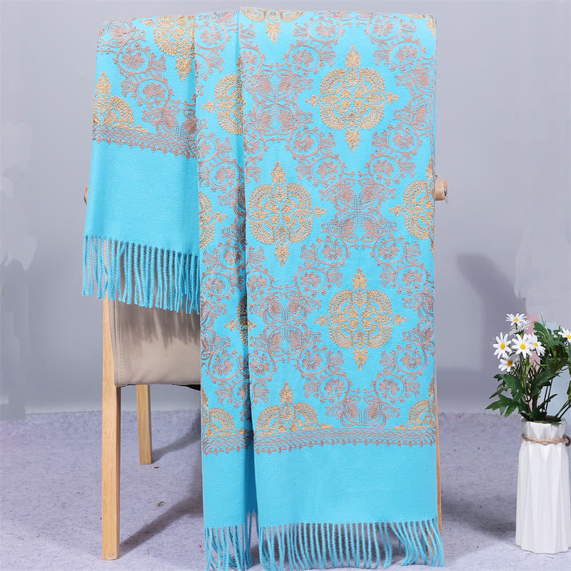 Mythstone Polyester Shawl Symmetry Gold Filigree Embroidery Tassel Winter Cozy Travel Scarf Wrap