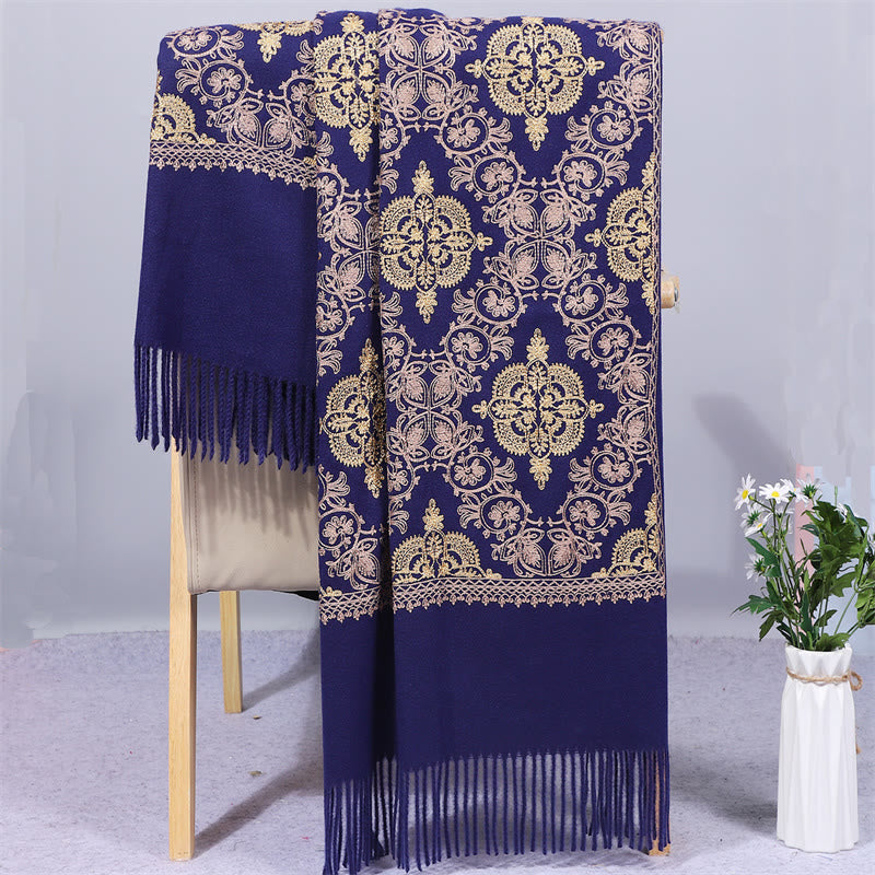 Mythstone Polyester Shawl Symmetry Gold Filigree Embroidery Tassel Winter Cozy Travel Scarf Wrap