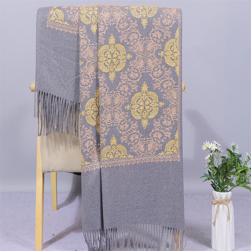 Mythstone Polyester Shawl Symmetry Gold Filigree Embroidery Tassel Winter Cozy Travel Scarf Wrap