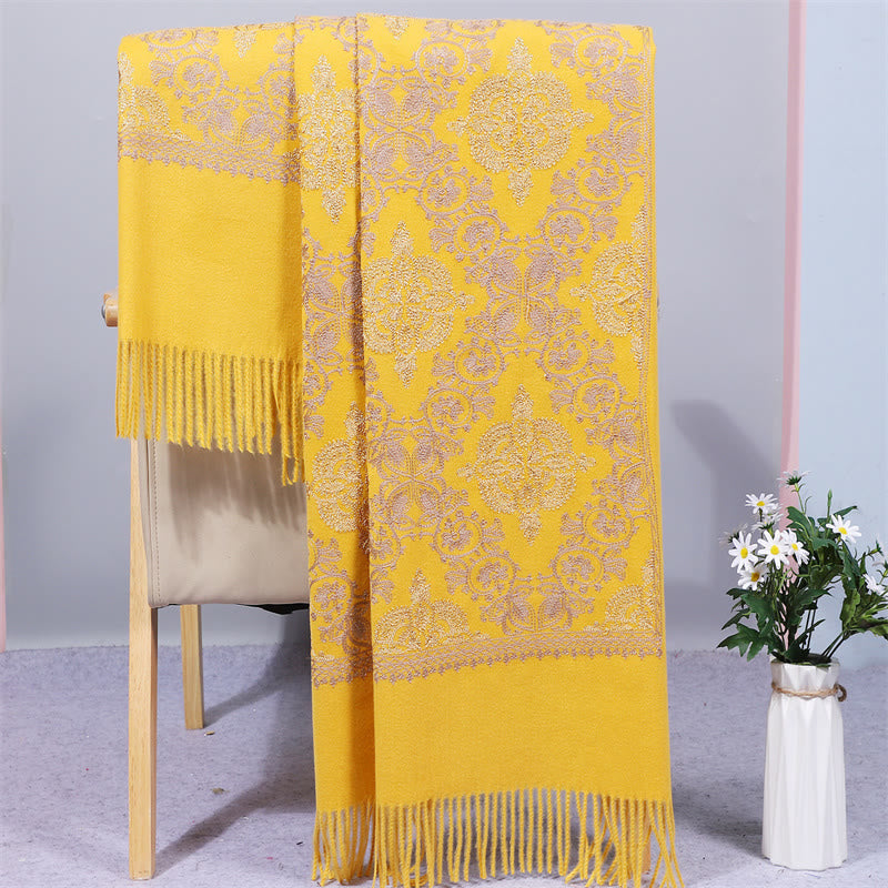 Mythstone Polyester Shawl Symmetry Gold Filigree Embroidery Tassel Winter Cozy Travel Scarf Wrap