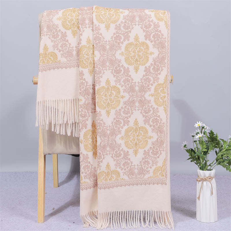 Mythstone Polyester Shawl Symmetry Gold Filigree Embroidery Tassel Winter Cozy Travel Scarf Wrap