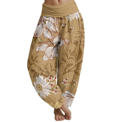 Pantalones harén con cintura elástica para mujer con estampado de flores blancas de margaritas de Mythstone 