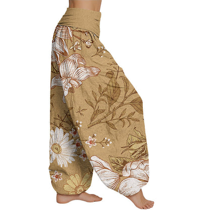 Pantalones harén con cintura elástica para mujer con estampado de flores blancas de margaritas de Mythstone 