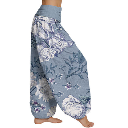 Pantalones harén con cintura elástica para mujer con estampado de flores blancas de margaritas de Mythstone 