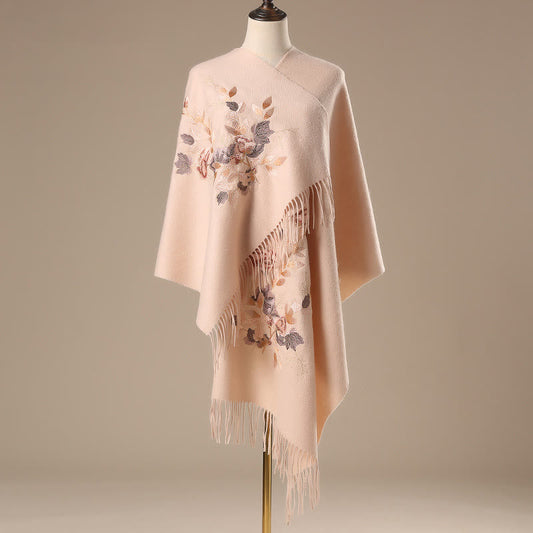 Mythstone Wool Shawl White Pink Flowers Golden Leaves Embroidery Tassel Winter Cozy Travel Scarf Wrap