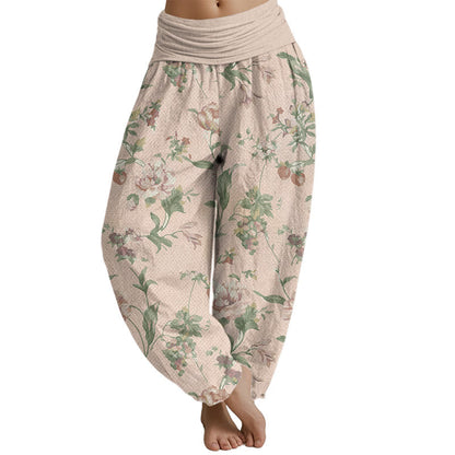 Mythstone Casual Pink Flowers Pattern Women's Elastic Waist Harem Pants