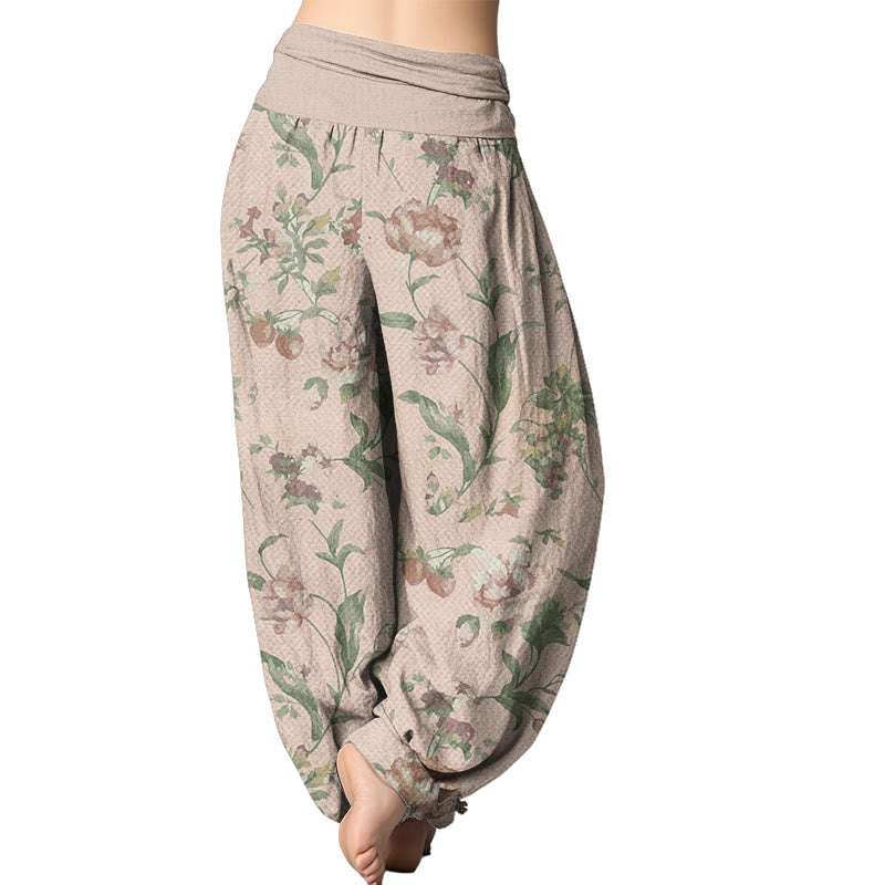 Mythstone Casual Pink Flowers Pattern Women's Elastic Waist Harem Pants