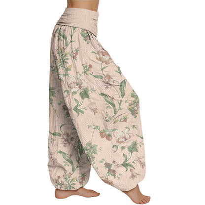 Mythstone Casual Pink Flowers Pattern Women's Elastic Waist Harem Pants