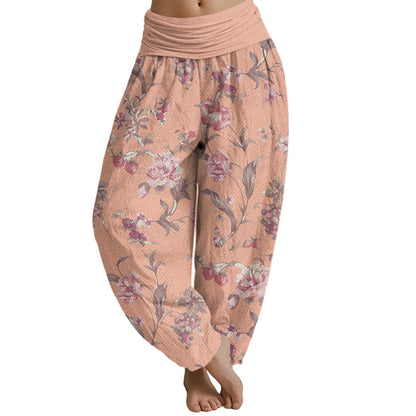 Mythstone Casual Pink Flowers Pattern Women's Elastic Waist Harem Pants