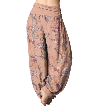 Mythstone Casual Pink Flowers Pattern Women's Elastic Waist Harem Pants