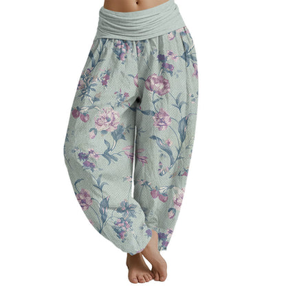 Mythstone Casual Pink Flowers Pattern Women's Elastic Waist Harem Pants