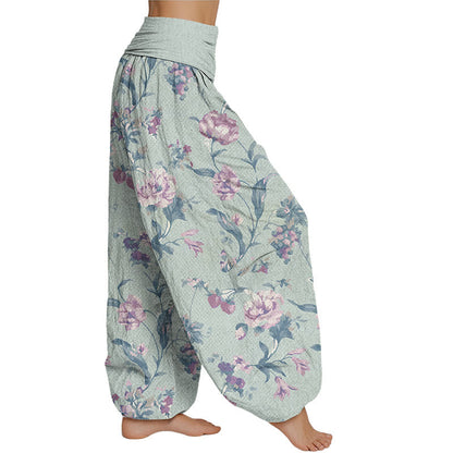 Mythstone Casual Pink Flowers Pattern Women's Elastic Waist Harem Pants