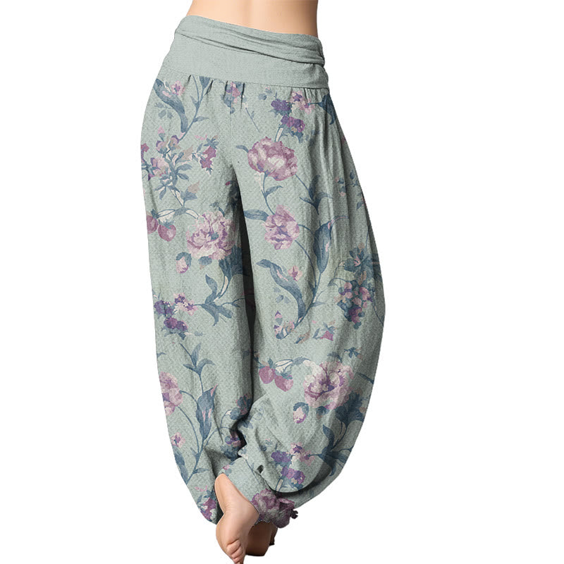 Mythstone Casual Pink Flowers Pattern Women's Elastic Waist Harem Pants