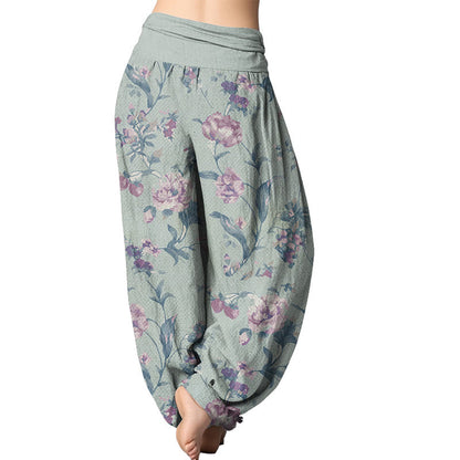 Mythstone Casual Pink Flowers Pattern Women's Elastic Waist Harem Pants